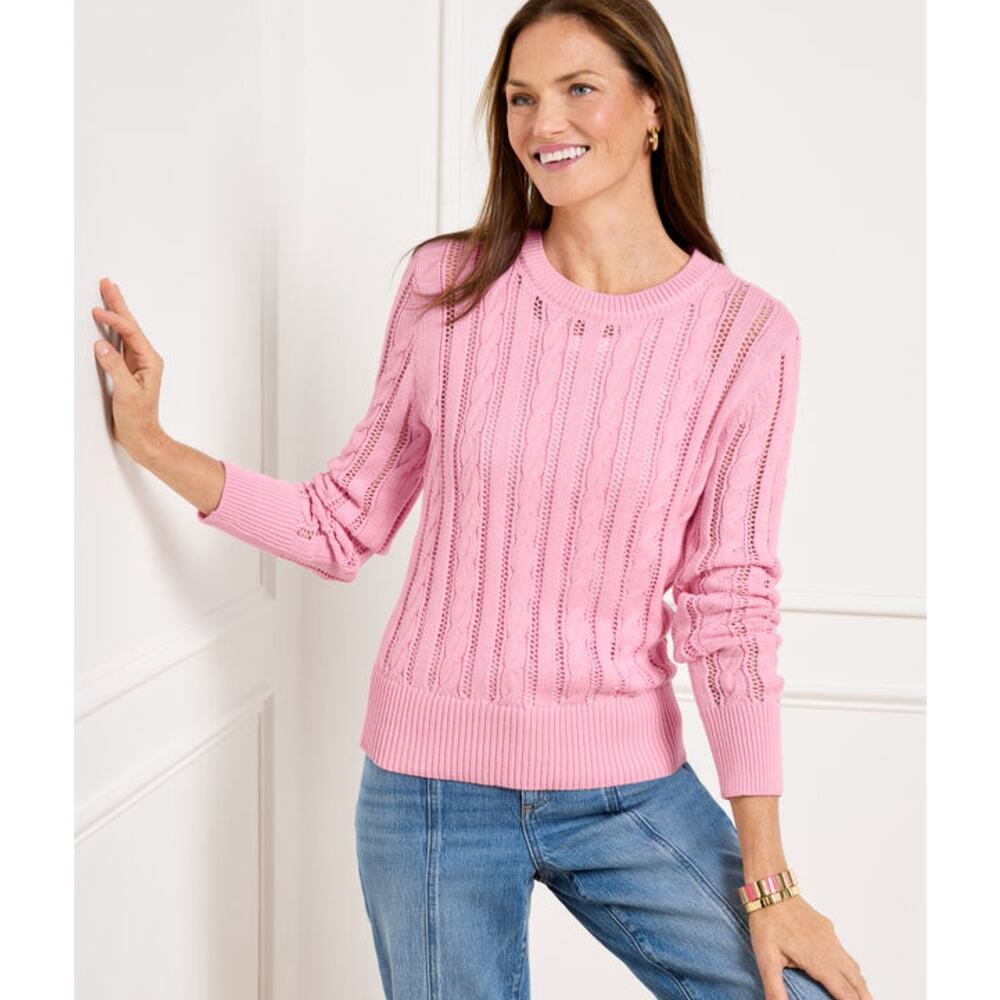 Talbots Pink Cable Knit Crew Neck Sweater Womens M Petite Lightweight NWT
